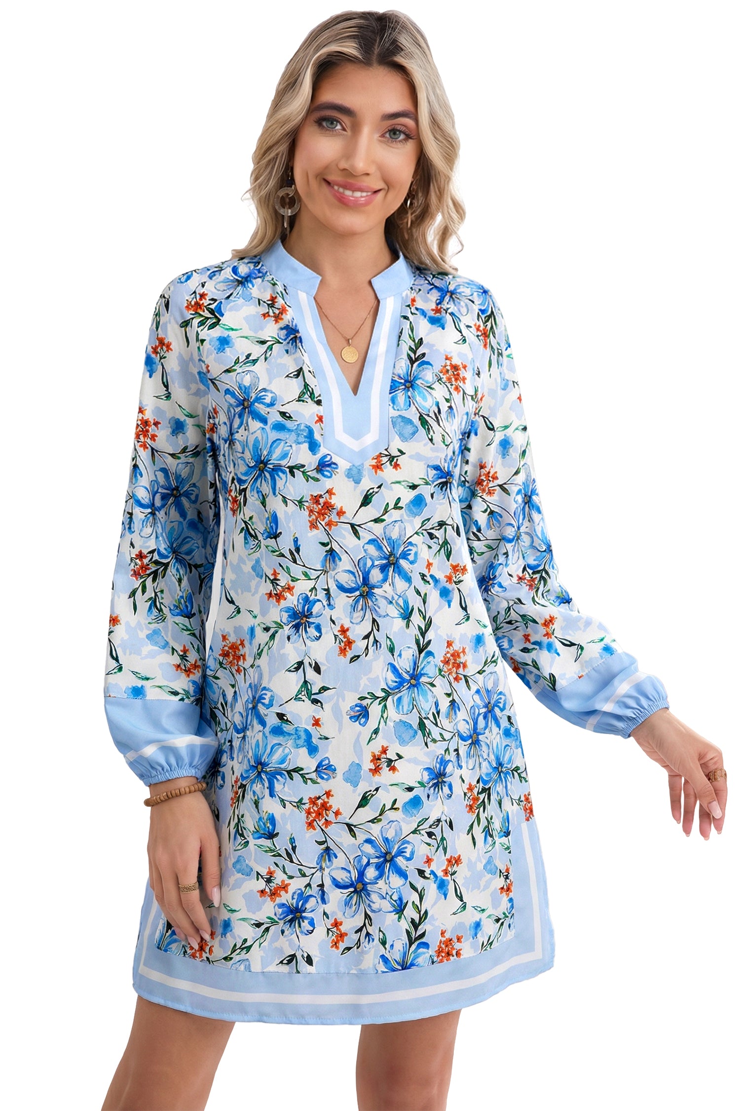 Sky Blue Slit V Neck Puff Sleeve Loose Floral Dress