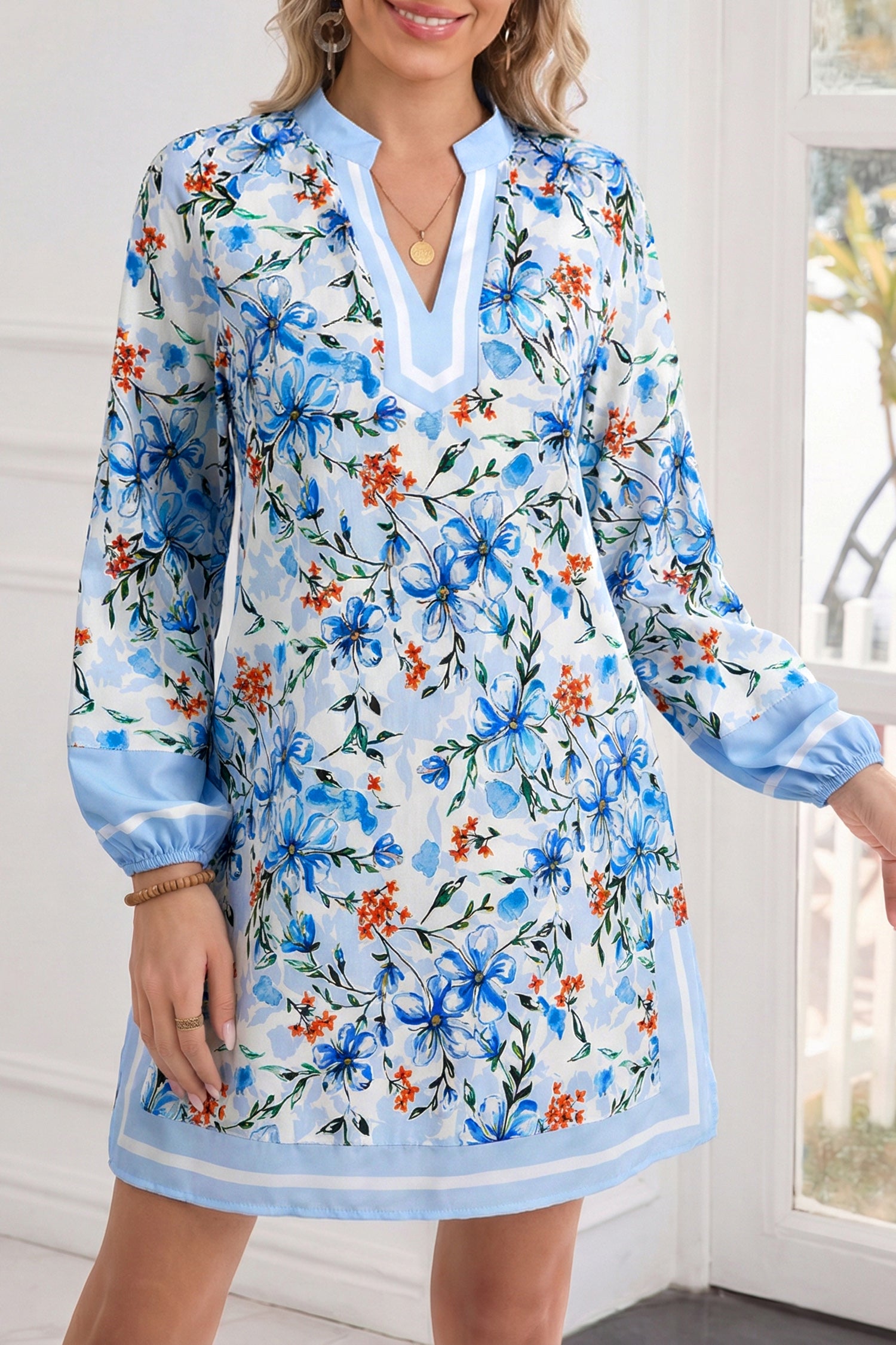 Sky Blue Slit V Neck Puff Sleeve Loose Floral Dress