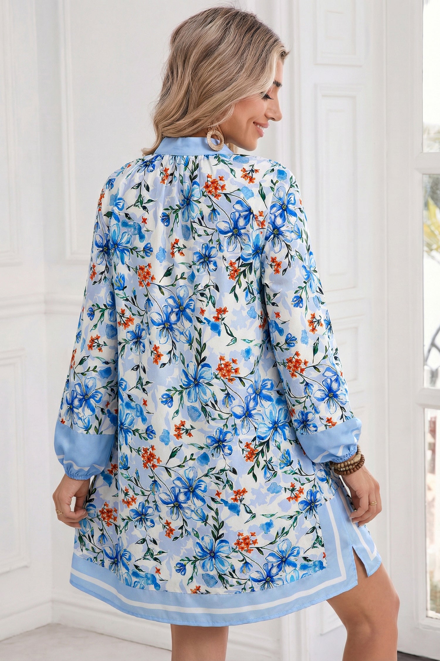 Sky Blue Slit V Neck Puff Sleeve Loose Floral Dress