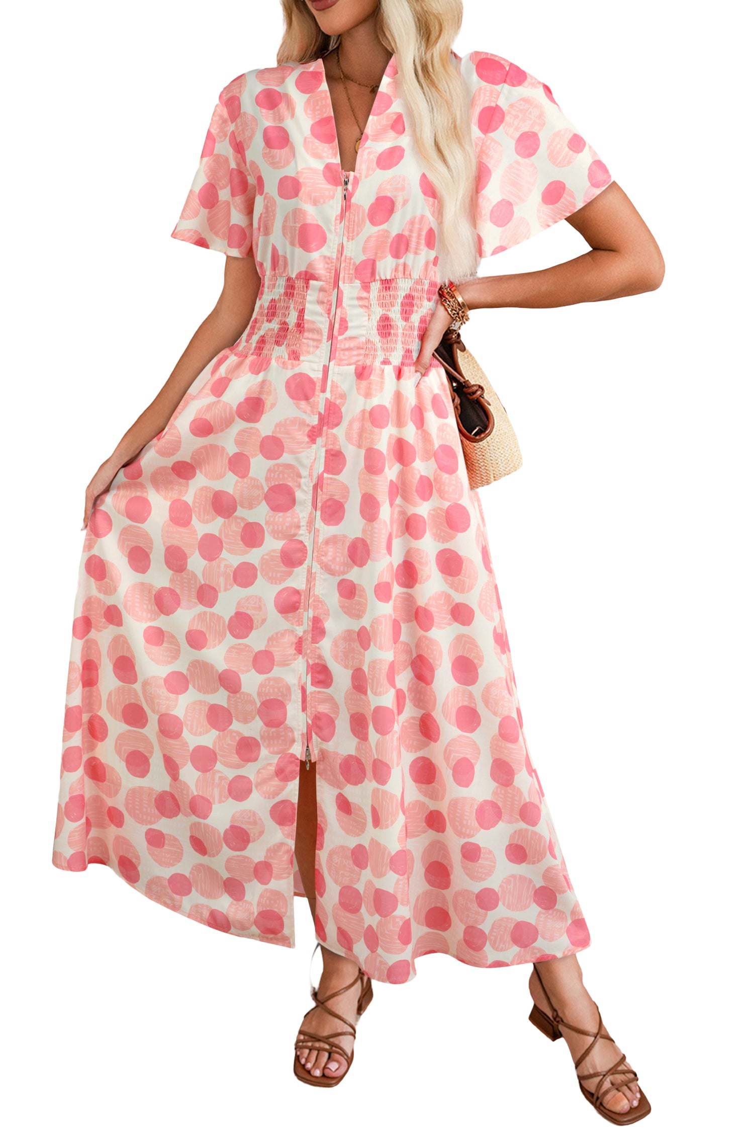 Pink Polka Dot Printed Ruffle Short Sleeve Zip Up Long Dress
