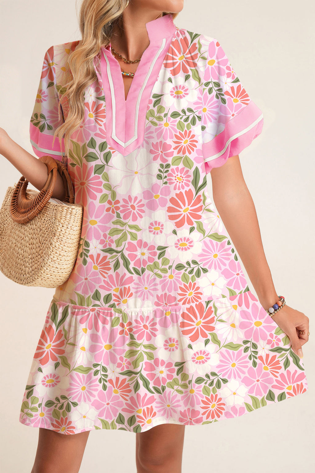 Pink Collared V Neck Puff Sleeve Flower Dress