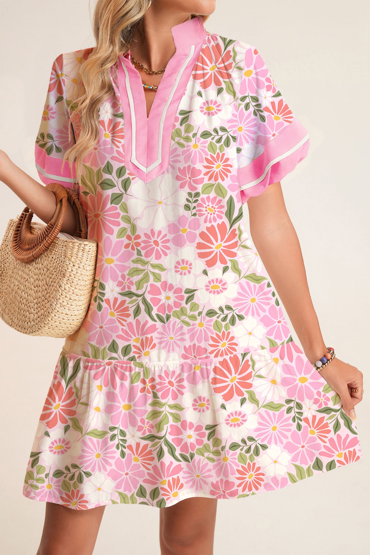 Pink Collared V Neck Puff Sleeve Flower Dress