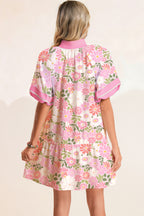 Pink Collared V Neck Puff Sleeve Flower Dress
