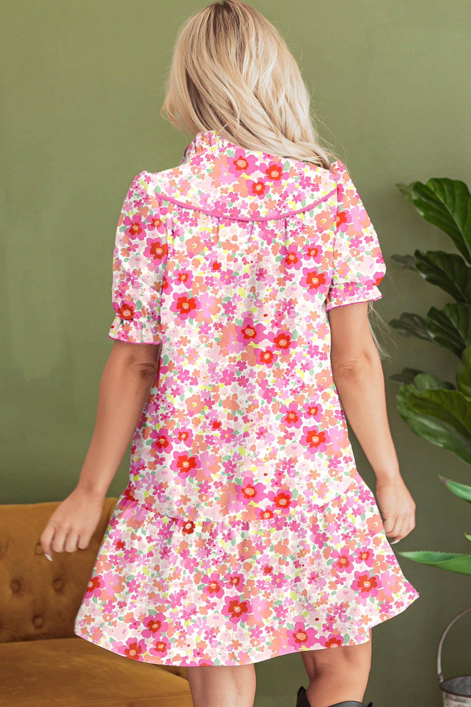 Multicolour Floral Print Ruffled Short Sleeve Dress with Pockets