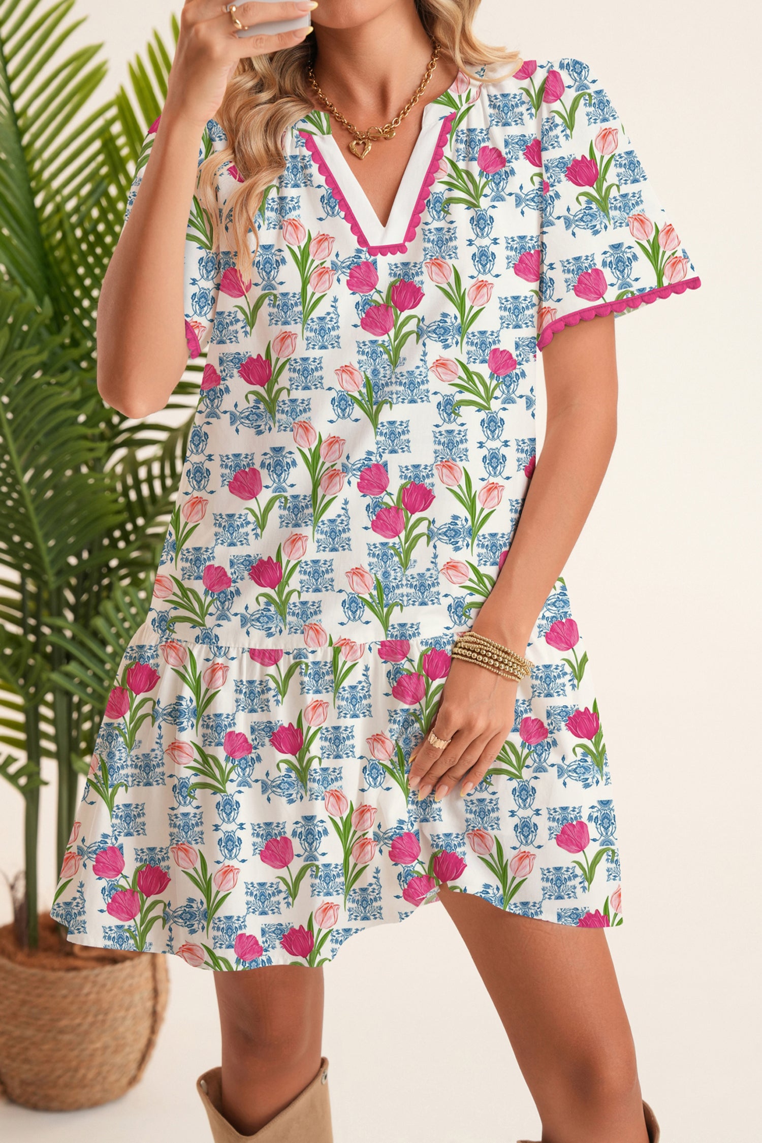 Rose Tulip Floral Print Scalloped Trim V Neck Ruffle Hem Short Dress