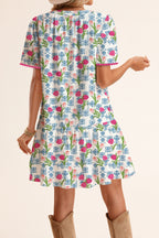 Rose Tulip Floral Print Scalloped Trim V Neck Ruffle Hem Short Dress