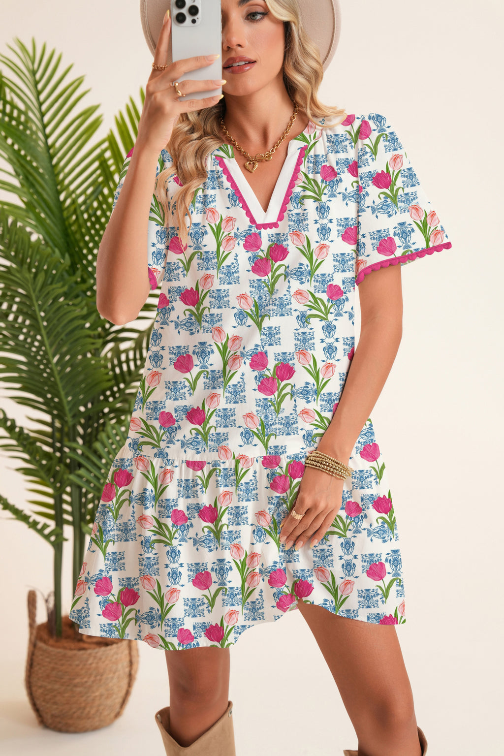 Rose Tulip Floral Print Scalloped Trim V Neck Ruffle Hem Short Dress