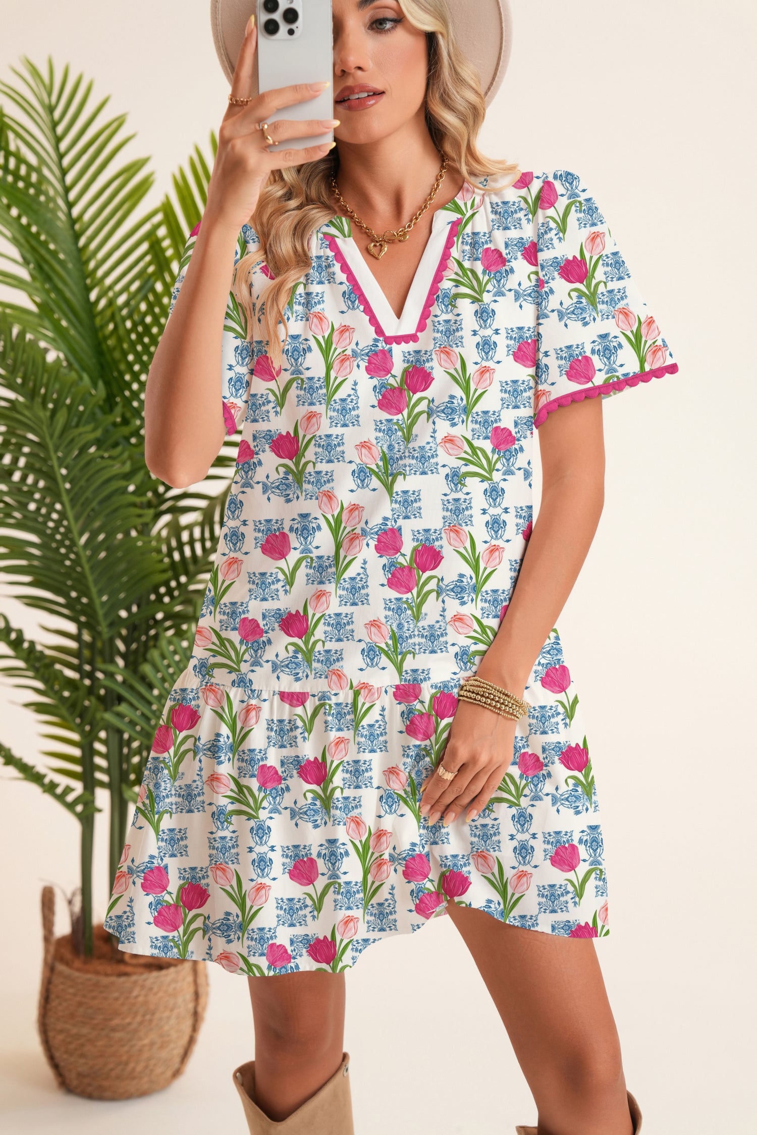 Rose Tulip Floral Print Scalloped Trim V Neck Ruffle Hem Short Dress