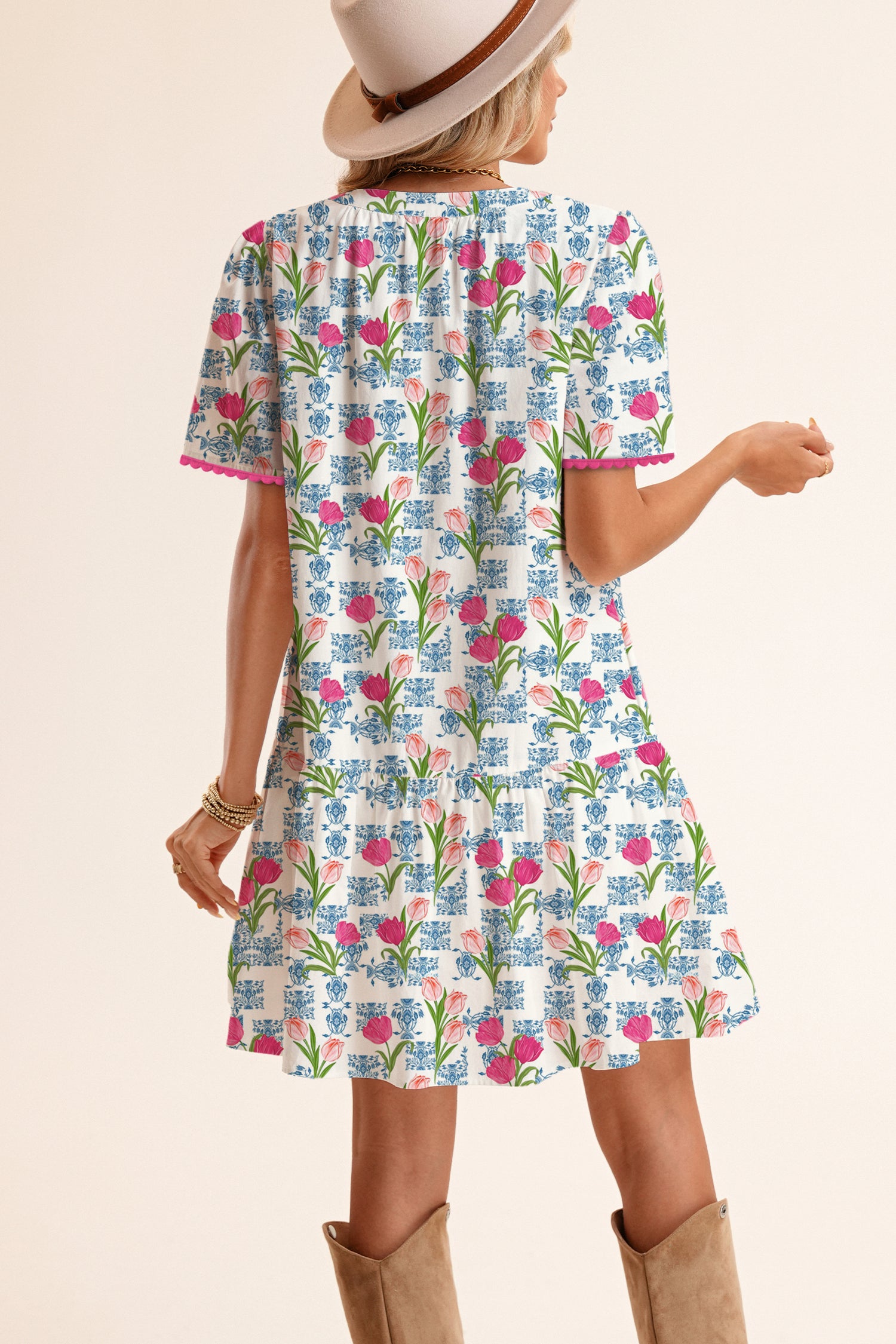 Rose Tulip Floral Print Scalloped Trim V Neck Ruffle Hem Short Dress