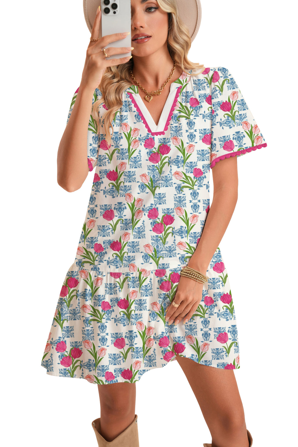 Rose Tulip Floral Print Scalloped Trim V Neck Ruffle Hem Short Dress