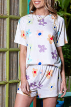 Flower Print Short Sleeve High Waist Two Piece Shorts Set