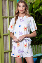 Flower Print Short Sleeve High Waist Two Piece Shorts Set