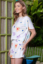Flower Print Short Sleeve High Waist Two Piece Shorts Set