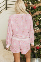 Pink Christmas Tree Nutcracker Doll Print Contrast Trim Long Sleeve Top Lounge Short Set