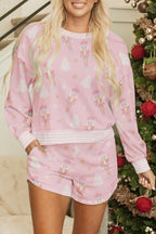 Pink Christmas Tree Nutcracker Doll Print Contrast Trim Long Sleeve Top Lounge Short Set