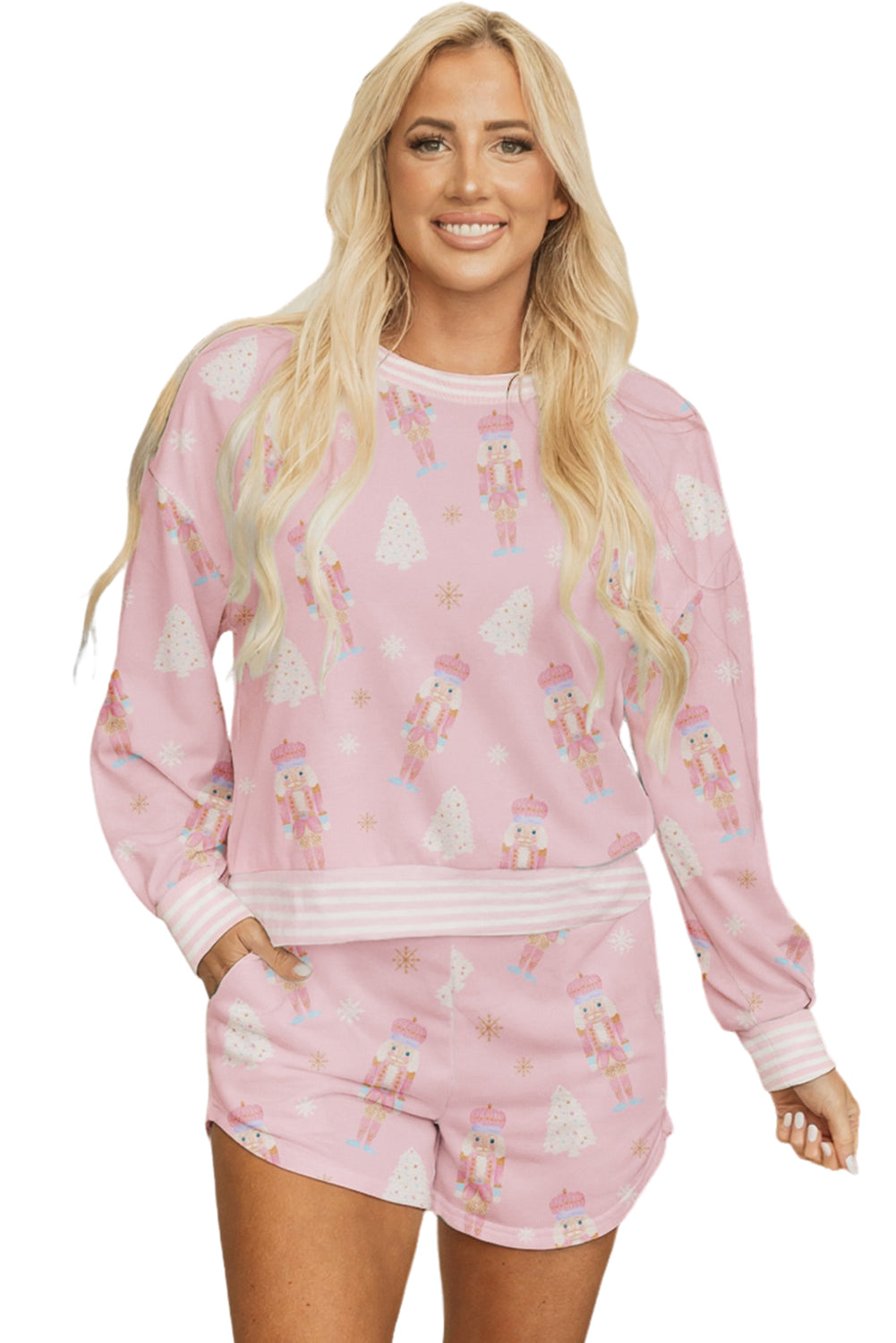 Pink Christmas Tree Nutcracker Doll Print Contrast Trim Long Sleeve Top Lounge Short Set