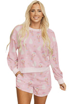 Pink Christmas Tree Nutcracker Doll Print Contrast Trim Long Sleeve Top Lounge Short Set