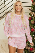Pink Christmas Tree Nutcracker Doll Print Contrast Trim Long Sleeve Top Lounge Short Set