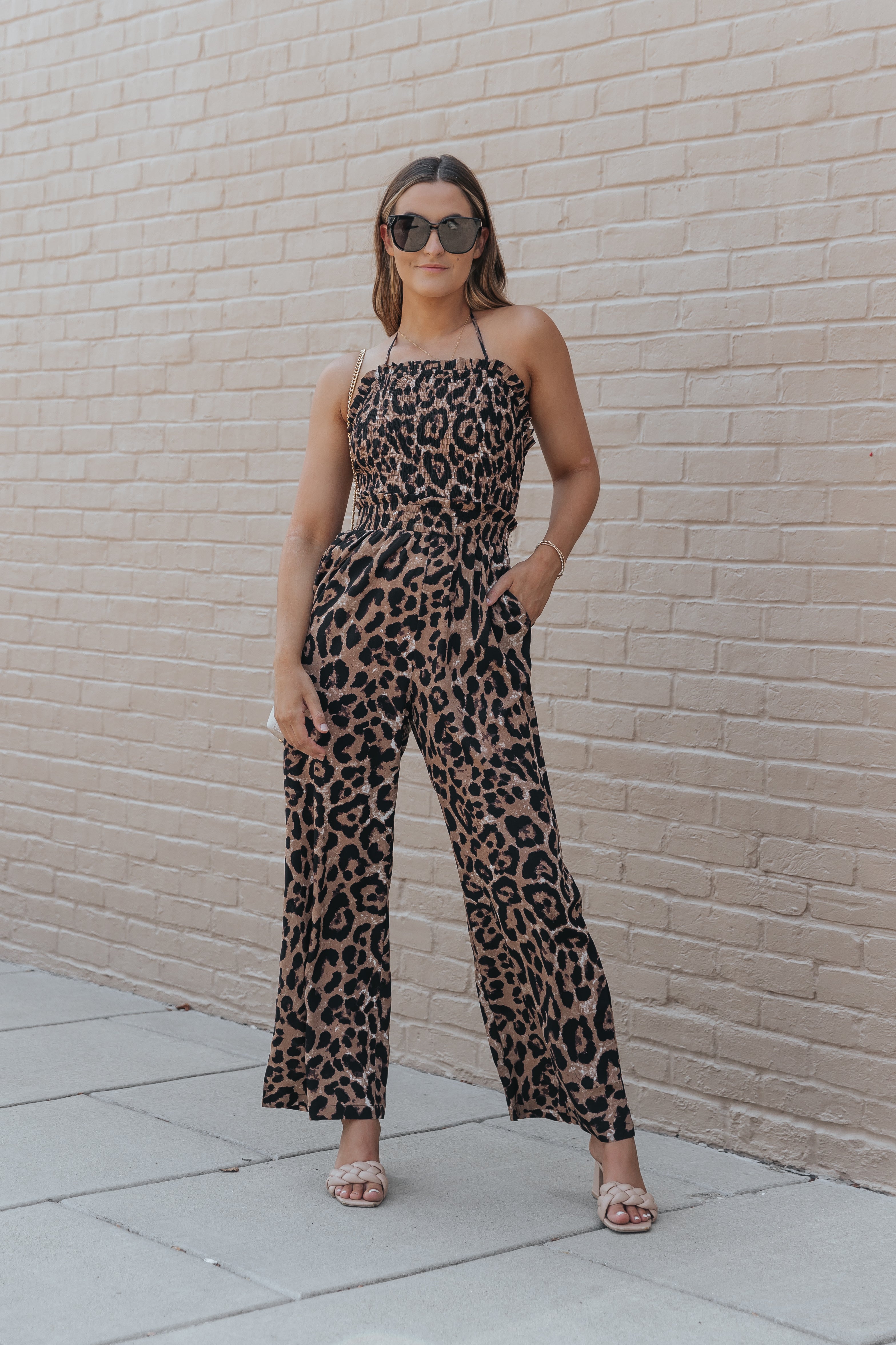 Leopard Print Halter Neck Backless Wide Leg Jumpsuit