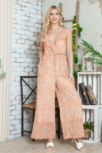 Leopard Print Drawstring Ruffled V Neck Jumpsuit