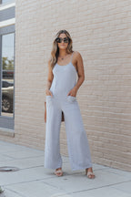 Gray Patch Pockets Spaghetti Strap Wide Leg Jumpsuit