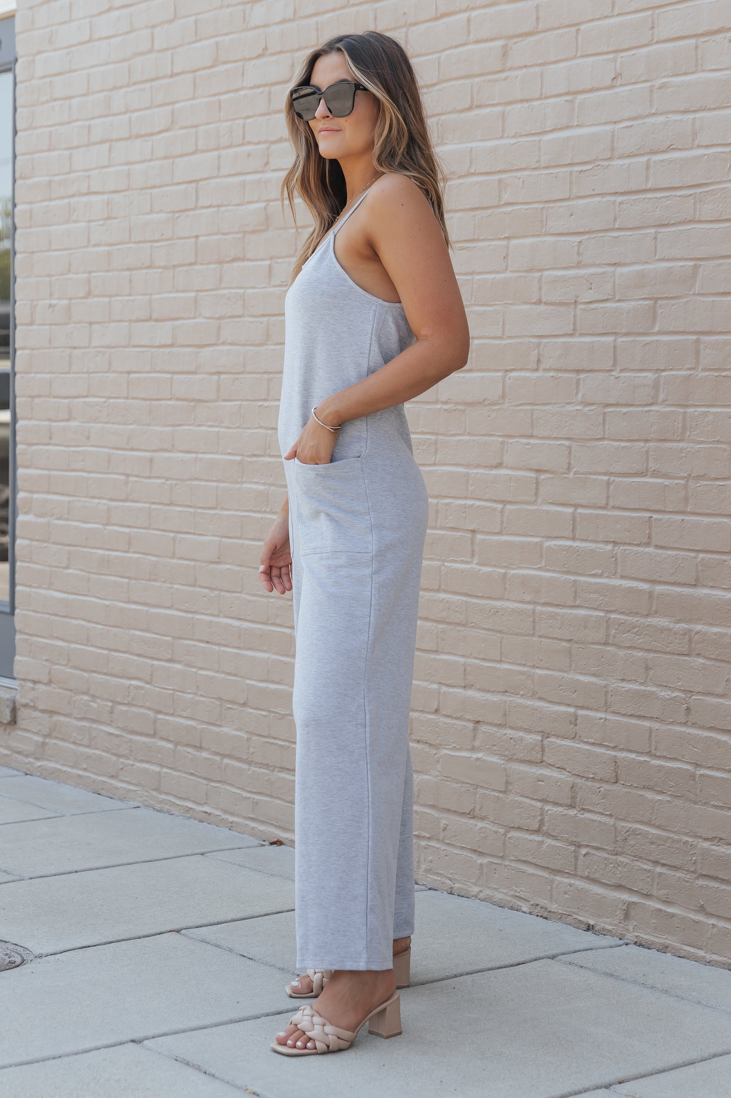 Gray Patch Pockets Spaghetti Strap Wide Leg Jumpsuit