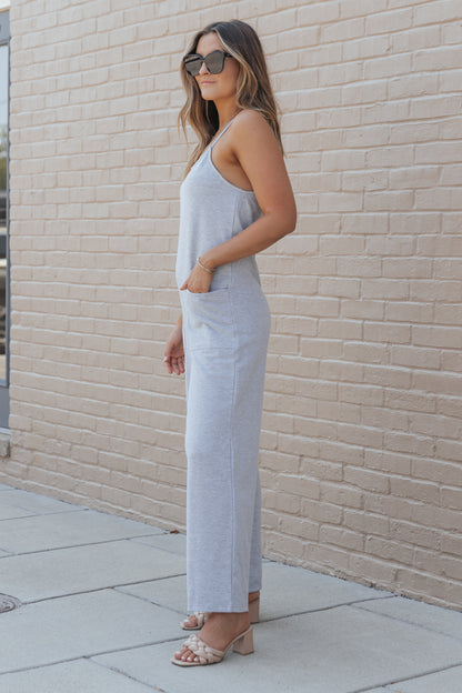 Gray Patch Pockets Spaghetti Strap Wide Leg Jumpsuit