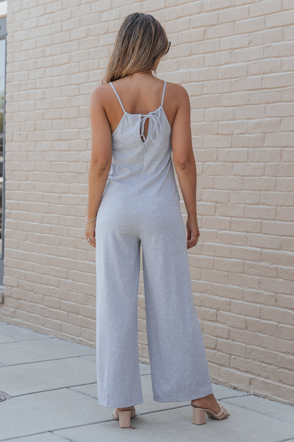 Gray Patch Pockets Spaghetti Strap Wide Leg Jumpsuit