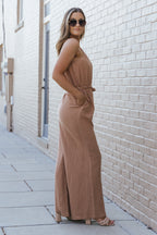 Khaki Crinkled Texture One-shoulder Loose Jumpsuit