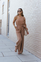 Khaki Crinkled Texture One-shoulder Loose Jumpsuit