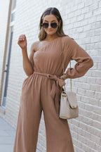 Khaki Crinkled Texture One-shoulder Loose Jumpsuit