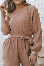Khaki Crinkled Texture One-shoulder Loose Jumpsuit
