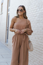 Khaki Crinkled Texture One-shoulder Loose Jumpsuit