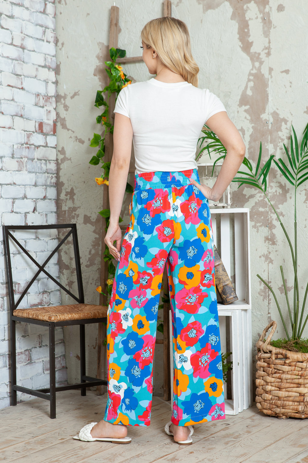 Brown Drawstring Elastic Waist Casual Wide Leg Pants