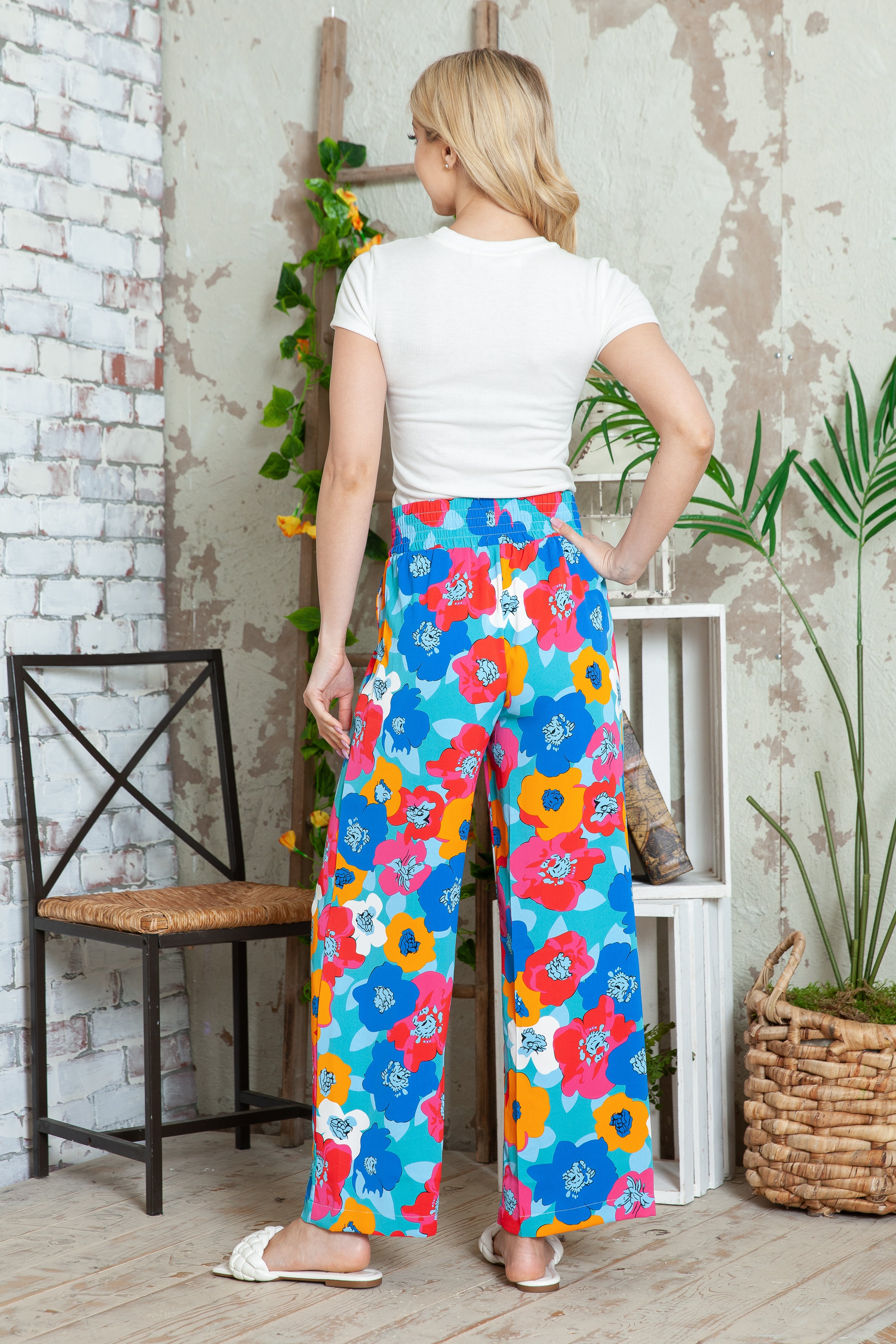 Brown Drawstring Elastic Waist Casual Wide Leg Pants