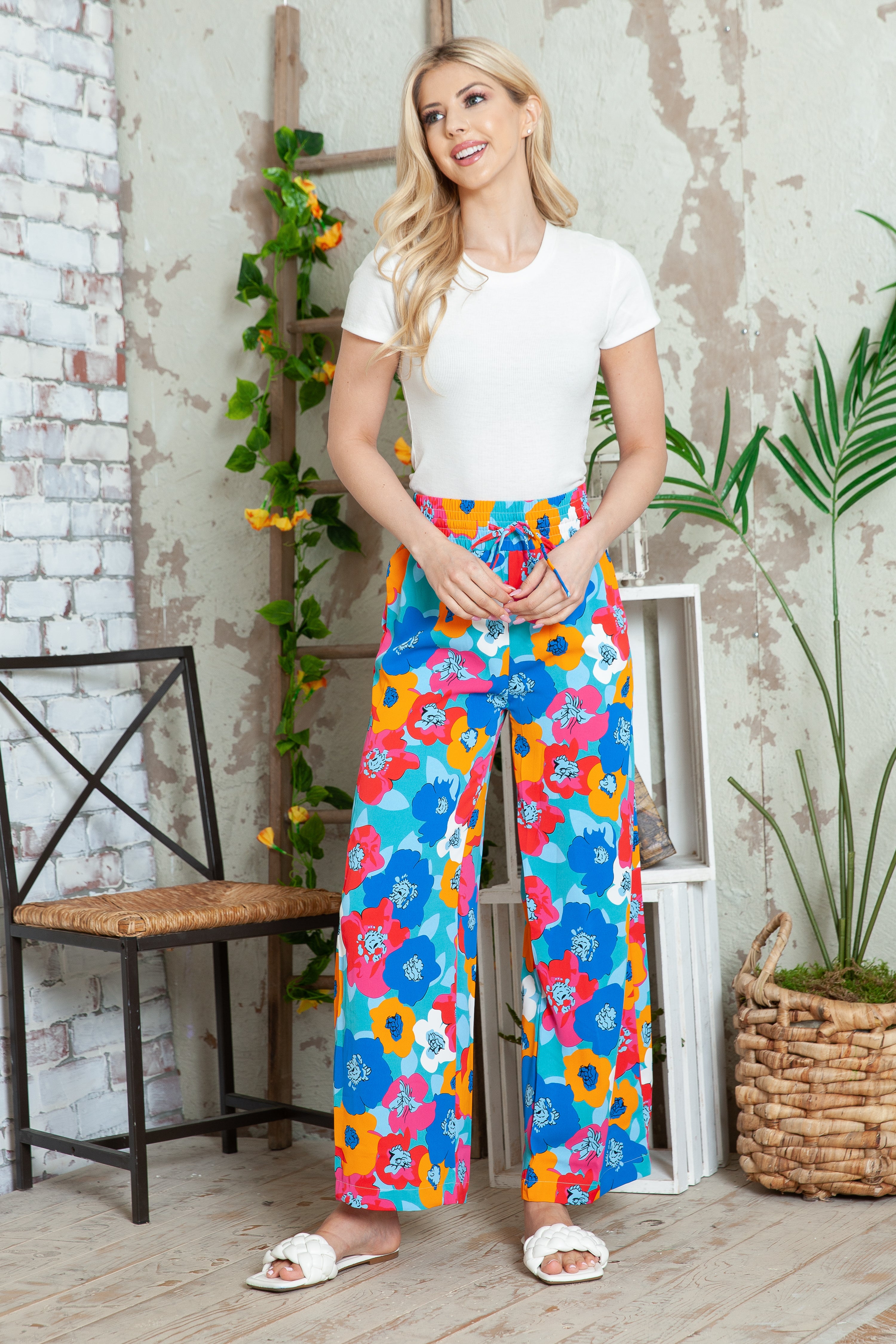 Brown Drawstring Elastic Waist Casual Wide Leg Pants