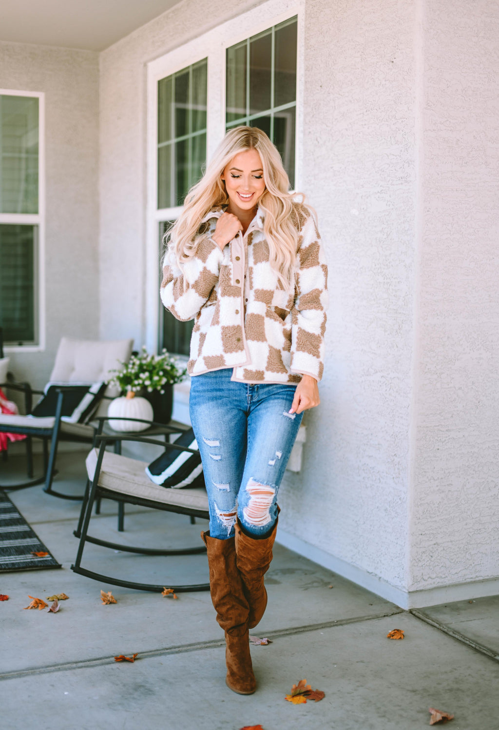 Brown Checked Snap Button Sherpa Jacket