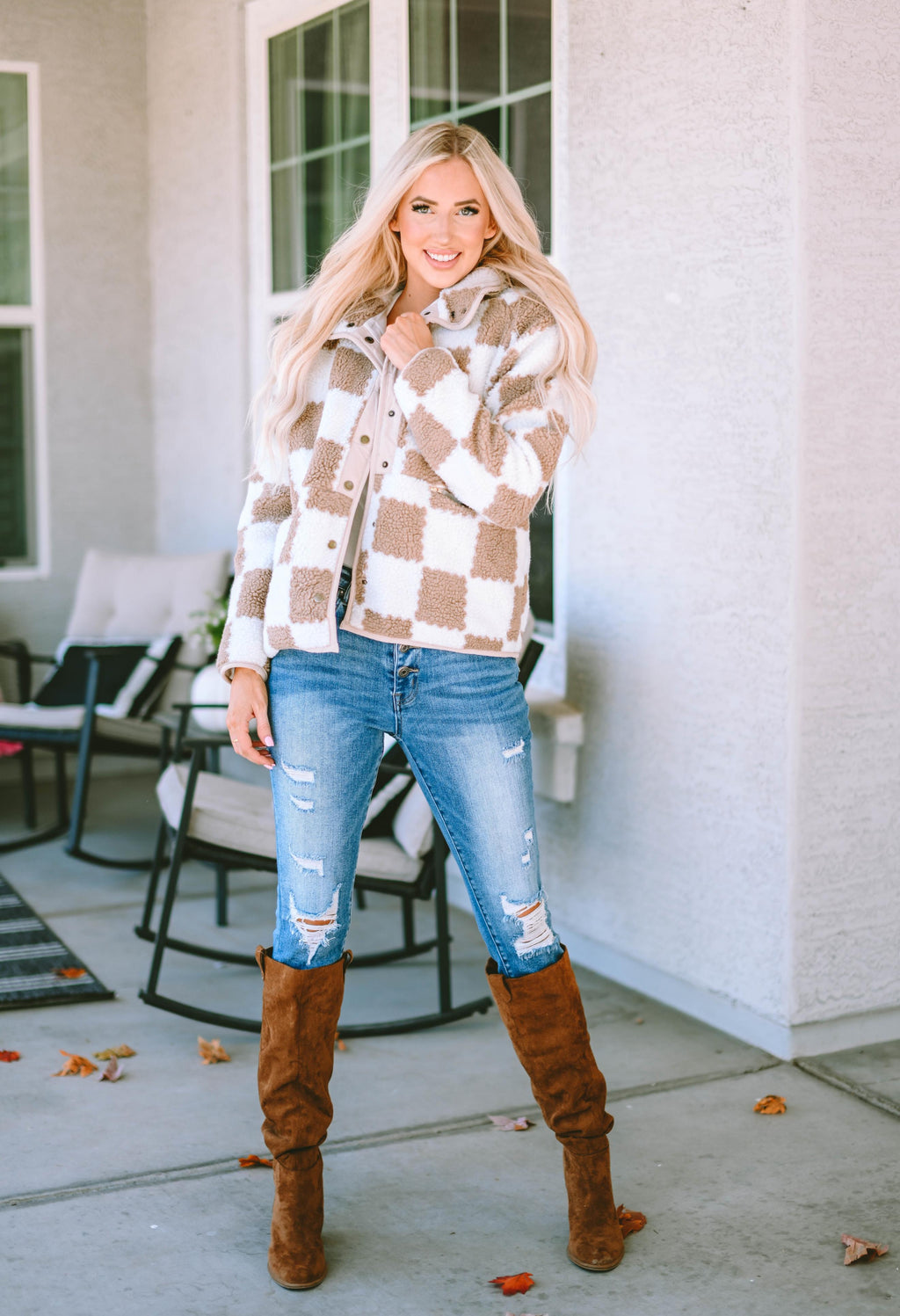 Brown Checked Snap Button Sherpa Jacket