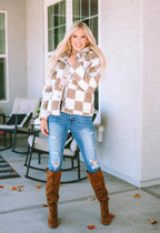 Brown Checked Snap Button Sherpa Jacket