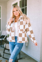 Brown Checked Snap Button Sherpa Jacket