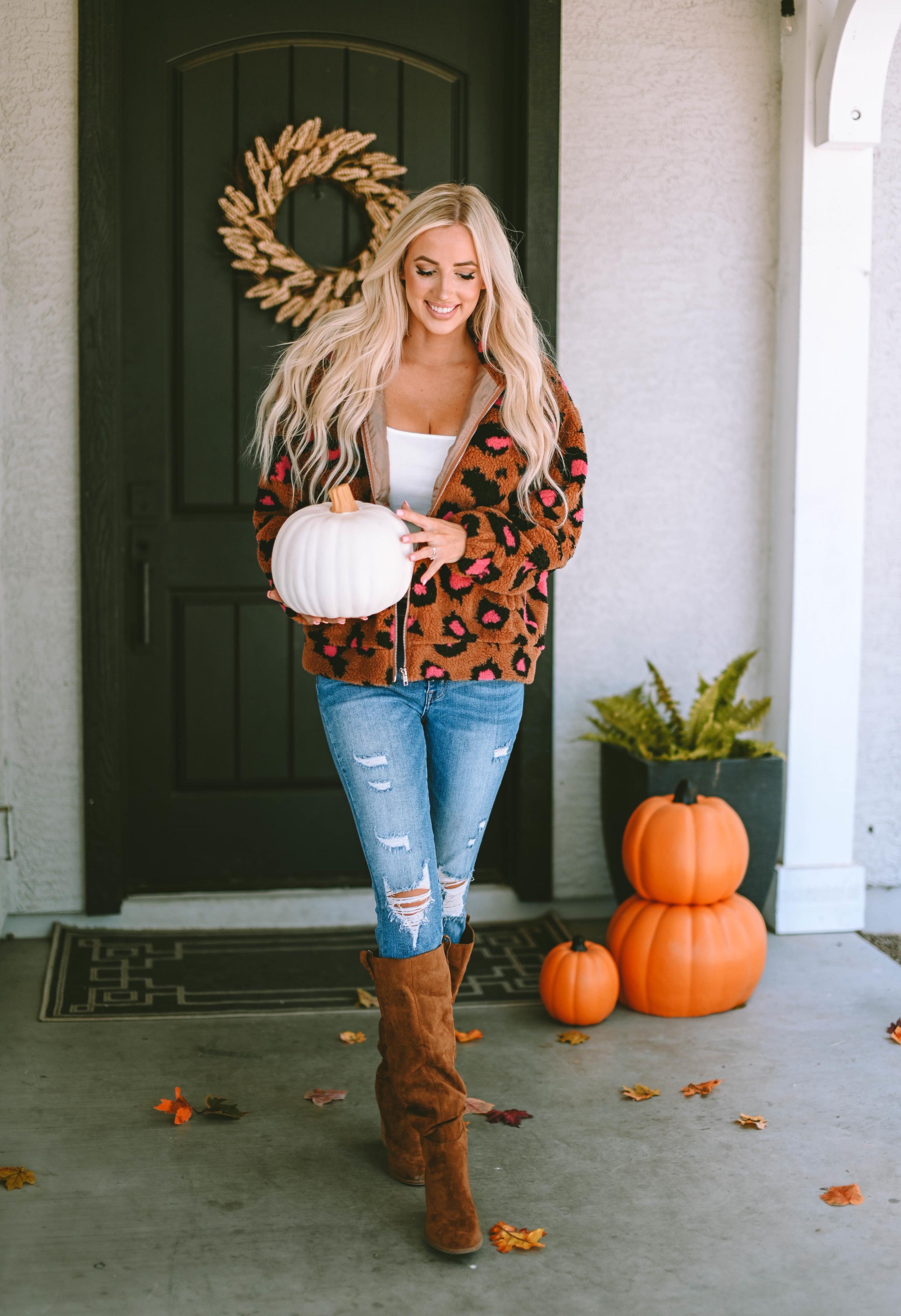 Leopard Zip Up Stand Collar Sherpa Teddy Jacket