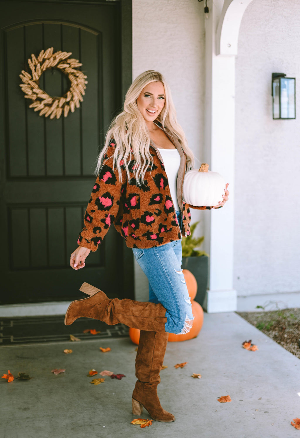 Leopard Zip Up Stand Collar Sherpa Teddy Jacket