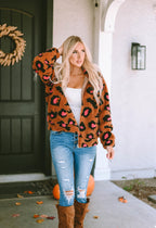 Leopard Zip Up Stand Collar Sherpa Teddy Jacket