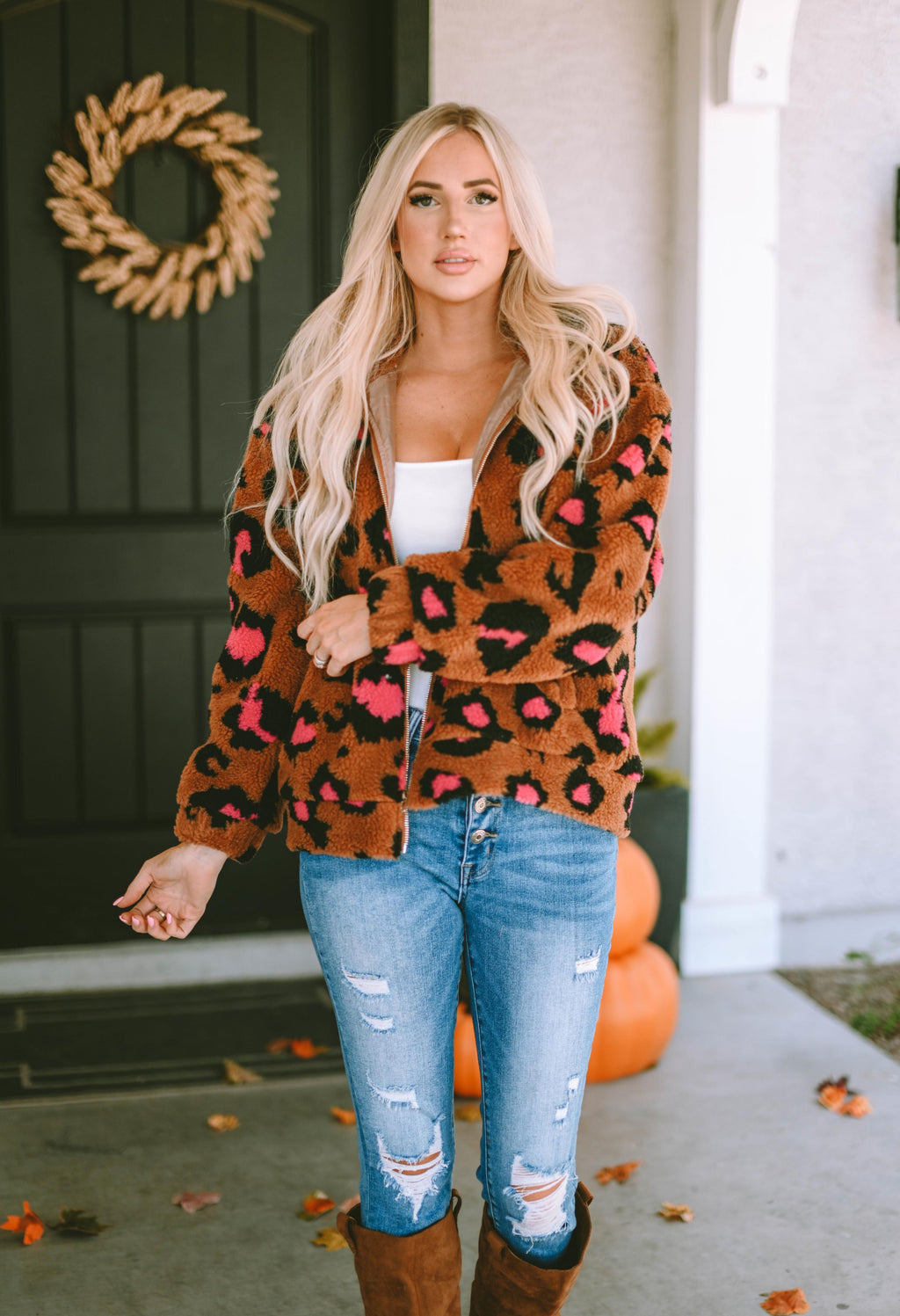 Leopard Zip Up Stand Collar Sherpa Teddy Jacket