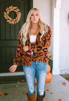 Leopard Zip Up Stand Collar Sherpa Teddy Jacket