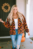 Leopard Zip Up Stand Collar Sherpa Teddy Jacket