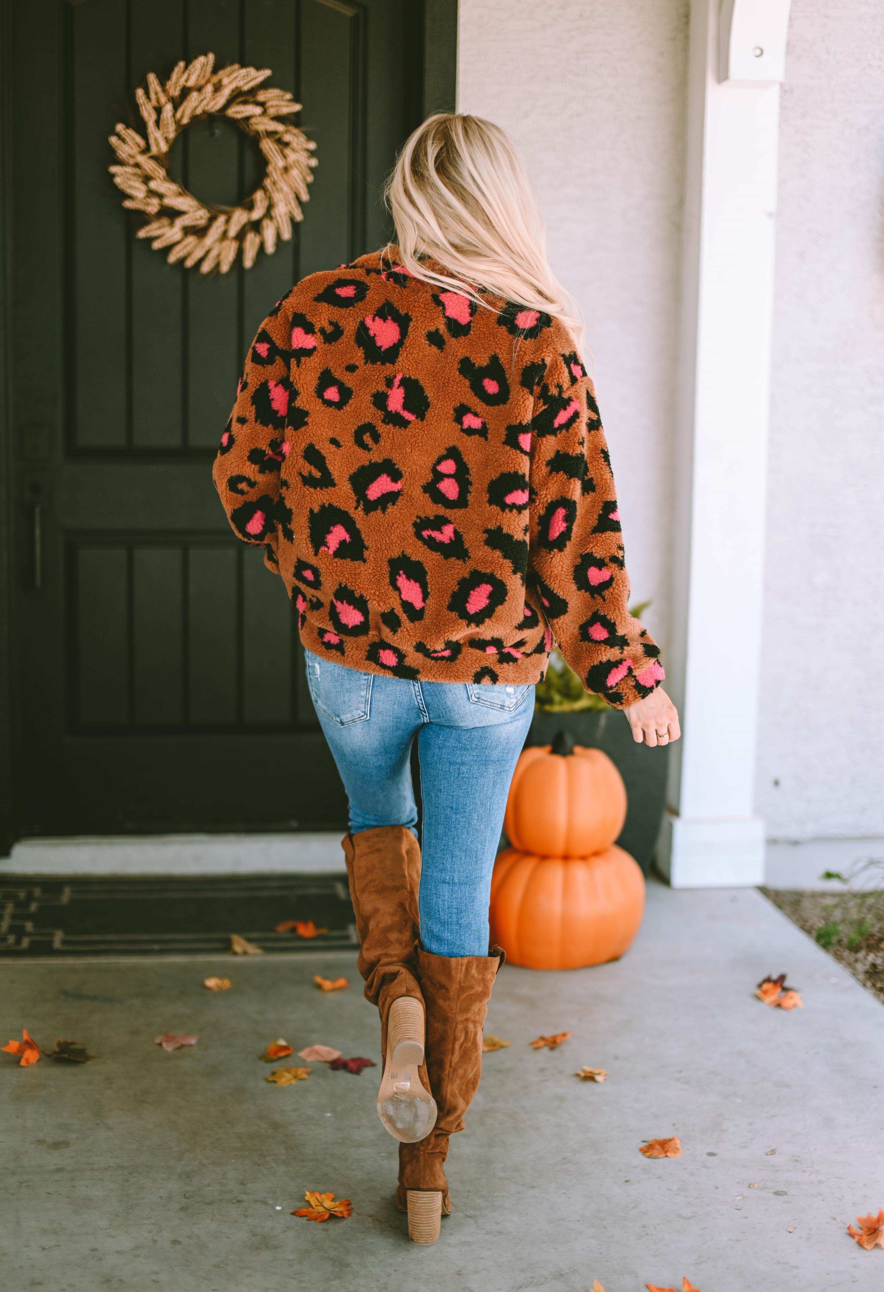 Leopard Zip Up Stand Collar Sherpa Teddy Jacket