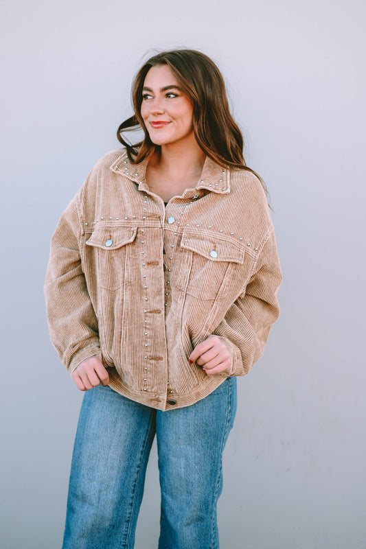 Apricot Studded Buttoned Chest Pockets Corduroy Jacket