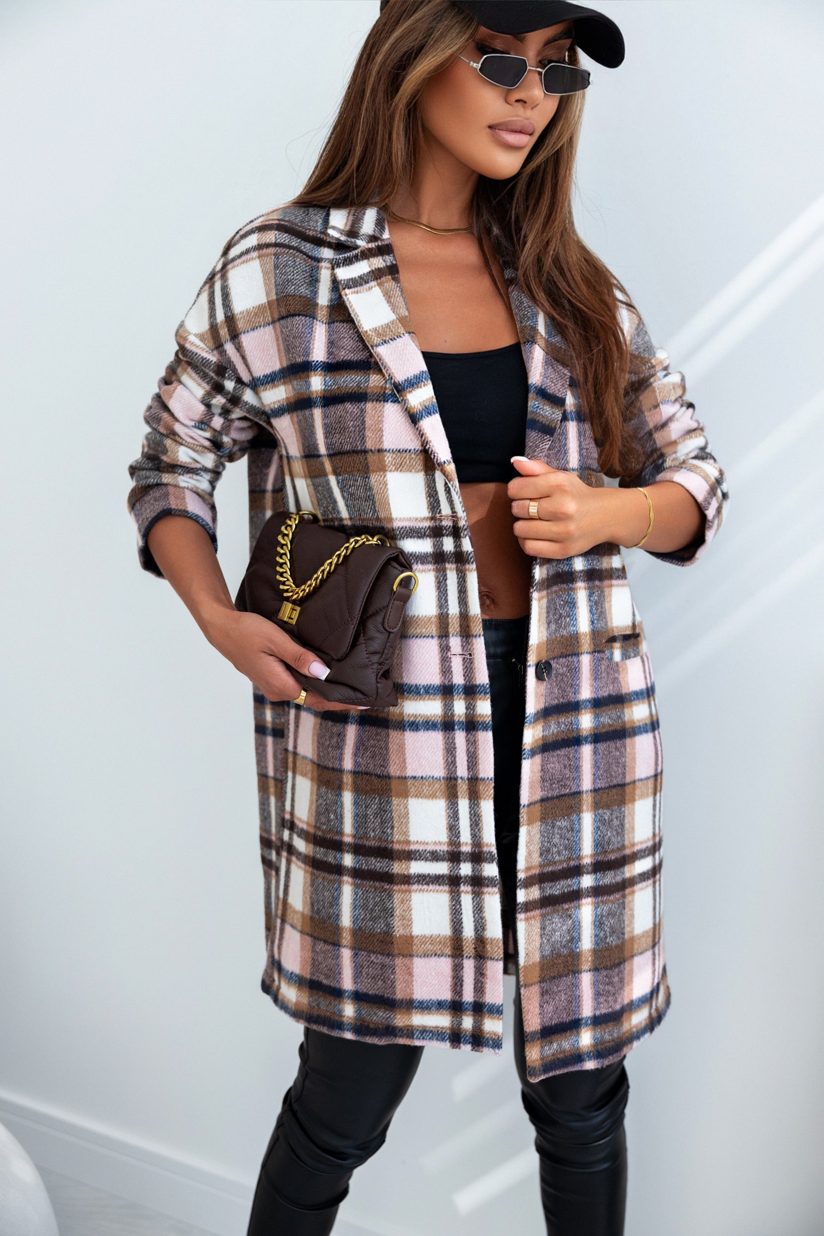 Pink Plaid Button Up Lapel Jacket