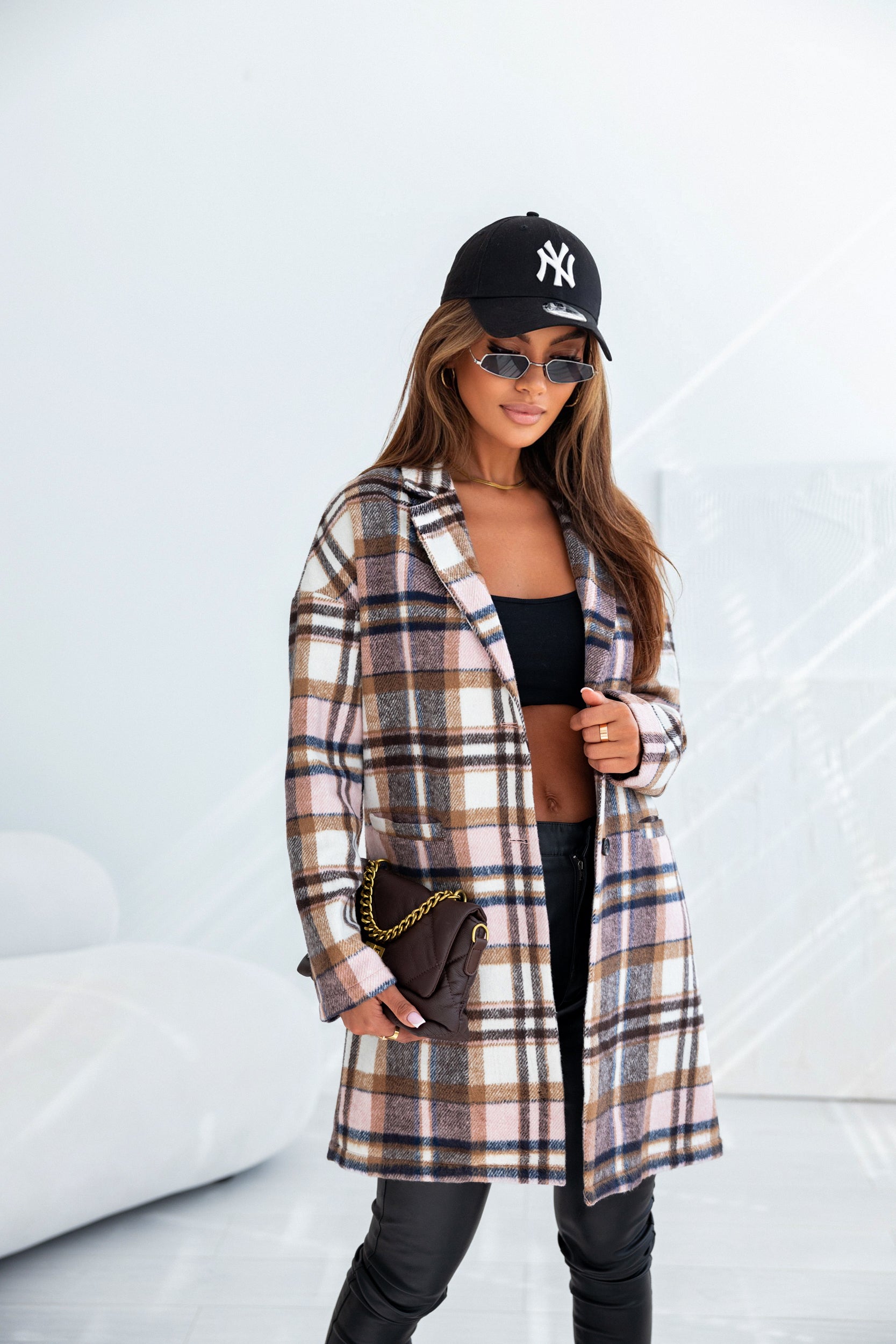 Pink Plaid Button Up Lapel Jacket